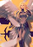  angel_wings armor armored_boots black_footwear blonde_hair blurry bodysuit boots breasts buckle claymore claymore_(sword) covered_navel dated depth_of_field faulds feathers gloves grey_footwear highres knee_boots lalita light_smile long_hair medium_breasts metal_boots multiple_wings orange_background outstretched_arm pauldrons shadow silhouette silver_eyes smile solo standing sword teresa_(claymore) turtleneck wavy_hair weapon wings 