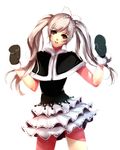  beads black_gloves blush bow brown_eyes frilled_skirt frills gloves green_gloves hair_bow head_tilt jussica long_hair looking_at_viewer mismatched_gloves original parted_lips silver_hair simple_background skirt solo standing twintails white_background white_skirt 