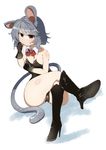  :3 animal_ears bare_shoulders black_gloves blush boots bow bowtie breasts cameltoe crossed_legs detached_collar gloves grey_hair high_heel_boots high_heels highres legs leotard light_smile looking_at_viewer medium_breasts mouse_ears mouse_tail nazrin playboy_bunny_leotard red_eyes scratching_cheek short_hair solo tail takashi_(nekoro) touhou 