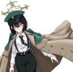  1girl black_hair blue_archive bright_pupils brown_halo closed_mouth coat coat_on_shoulders commentary_request cowboy_shot diagonal-striped_clothes diagonal-striped_necktie dress_shirt dutch_angle green_hat green_necktie green_pants grey_eyes halo hat high-waist_pants highres hiromi_(blue_archive) looking_at_viewer necktie otsdarva0079 pants peaked_cap shirt short_hair simple_background smile solo striped_clothes striped_necktie striped_pants suspender_pants thigh_gap vertical-striped_clothes vertical-striped_pants white_background white_pupils white_shirt 