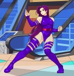  1girl absurdres breasts commentary elbow_gloves english_commentary gloves highleg highleg_leotard highres kim_kai large_breasts leotard long_hair marvel marvel_vs._capcom psylocke purple_hair solo superhero_costume thighhighs weapon x-men 