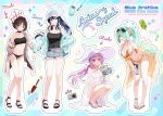  4girls aqua_hair aqua_jacket arius_squad_(blue_archive) atsuko_(blue_archive) atsuko_(swimsuit)_(blue_archive) bare_legs bare_shoulders baseball_cap bikini black_bikini black_hair black_tank_top blue_archive blue_eyes blue_hair blue_halo bouquet breasts cleavage colored_inner_hair commentary_request denim denim_shorts eyewear_on_head floral_print floral_print_bikini flower full_body grabbing_another's_arm grey_shorts hair_flower hair_ornament hair_over_one_eye halo hat headphones headphones_around_neck highres hiyori_(blue_archive) hiyori_(swimsuit)_(blue_archive) holding holding_bouquet jacket large_breasts leaning_forward long_hair looking_at_viewer misaki_(blue_archive) misaki_(swimsuit)_(blue_archive) multicolored_hair multiple_girls navel official_alternate_costume open_clothes orange_bikini pink_eyes ponytail print_bikini purple_hair red_halo sandals saori_(blue_archive) saori_(swimsuit)_(blue_archive) see-through_clothes see-through_jacket shirt short_hair shorts side_ponytail squatting striped_clothes striped_shirt sunglasses swimsuit tank_top v vertical-striped_clothes vertical-striped_shirt white_bikini white_hat yukinoko_ac 