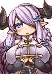  black_gloves breasts draph elbow_gloves fingerless_gloves gloves granblue_fantasy hair_ornament hair_over_one_eye imminent_paizuri large_breasts long_hair narmaya_(granblue_fantasy) nyagakiya paizuri_invitation purple_eyes purple_hair simple_background solo underboob white_background 