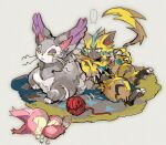  ... 1other :3 claws commentary_request digitigrade full_body furry glameow grey_background kantarou_(8kan) open_mouth pokemon pokemon_(creature) simple_background skitty spoken_ellipsis tongue tongue_out yarn yarn_ball zeraora 