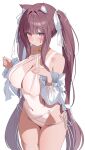  1girl absurdres animal_ear_fluff animal_ears bare_shoulders bell bikini blunt_bangs blush breasts brown_hair butterfly_tattoo cat_ears cat_girl cleavage closed_mouth collarbone commentary commission commissioner_upload cowboy_shot criss-cross_halter detached_sleeves facial_mark facial_tattoo hair_intakes hair_ornament hair_ribbon hairclip halterneck hand_on_own_chest hands_up heart heart_tattoo highres jingle_bell large_breasts legs_together long_hair long_sleeves looking_at_viewer micro_bikini n4_h4m navel neck_bell one-piece_tan original pink_eyes ribbon side-tie_bikini_bottom sidelocks simple_background skindentation solo standing stomach string_bikini swimsuit tan tanlines tattoo thigh_strap thighs third-party_source twintails very_long_hair white_background white_bikini white_ribbon white_sleeves 