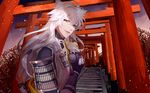  armor fox japanese_armor japanese_clothes jou_(13736331) kogitsunemaru long_hair low-tied_long_hair male_focus open_mouth red_eyes shoulder_armor smile sode solo stairs torii touken_ranbu upper_body white_hair 