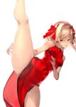  1girl absurdres alternate_costume bare_arms bare_legs bare_shoulders blonde_hair bow breasts butterfly_hair_ornament chinese_clothes dress fighting_stance hair_bow hair_ornament high_kick highres inumata_ichini kicking lambdadelta looking_to_the_side medium_breasts navel open_mouth pelvic_curtain qipao red_bow red_dress red_eyes short_hair sidelocks simple_background solo standing standing_on_one_leg thick_thighs thighs umineko_no_naku_koro_ni white_background 