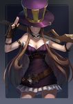  arm_belt bare_shoulders belt black_gloves blue_eyes breasts brown_hair buckle caitlyn_(league_of_legends) choker cleavage covered_eyes cowboy_shot dress fingerless_gloves frilled_dress frills gears gloves gun hat highres holding holding_weapon jewelry karasu_kame_ex large_breasts league_of_legends long_hair looking_at_viewer over_shoulder purple_dress rifle ring salute short_dress solo striped taut_clothes top_hat two-finger_salute very_long_hair weapon weapon_over_shoulder 