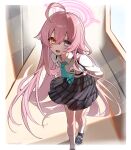  1girl ahoge blue_archive blue_eyes blue_necktie commentary hair_between_eyes halo heterochromia highres hoshino_(blue_archive) long_hair necktie pink_hair pink_halo samon_(vxxr8575) school_uniform shirt socks solo thighs white_shirt white_socks yellow_eyes 