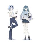  2girls absurdres alternate_costume bag black_shoes black_skirt blue_hair breasts casual commentary contemporary denim eyewear_on_head feint721 fih_(meme) full_body genshin_impact grey_eyes grey_hair grey_shirt handbag high_heels highres jeans long_hair medium_breasts meme multiple_girls odette_(genshin_impact) pants purple_eyes shirt shoes short_hair simple_background skirt socks sunglasses tank_top very_long_hair vodyanitsa_(genshin_impact) white_background white_socks white_tank_top 