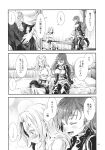  2girls blush breasts closed_eyes closed_mouth greyscale highres hijiri_byakuren kumoi_ichirin large_breasts long_hair looking_at_another monochrome multiple_girls on_bed open_mouth sitting speech_bubble standing touhou translation_request undefined_fantastic_object yohane 