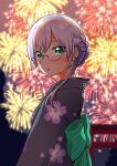  1girl :o absurdres aerial_fireworks black_kimono braid commentary_request earpiece fireworks floral_print floral_print_kimono fuyukusa_1 glasses grey_hair heaven_burns_red highres izumi_yuki izumi_yuki_(stewartia_dazzling_noctilucent_star) japanese_clothes kimono looking_at_viewer print_kimono torii upper_body 