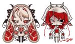  2girls animal_ears ankle_wings black_eyes black_thighhighs blood blood_bag blood_from_eyes blood_on_face bow cable chibi chibi_only colored_sclera colored_skin dress goat_ears hair_bow heart heterochromia lace lace-trimmed_headdress meat_print multiple_girls original polka_dot polka_dot_bow red_hair red_sclera simple_background sodifa11 thighhighs twintails white_background white_dress white_eyes white_hair white_headdress white_skin wing-shaped_eyelashes winged_hat wings 