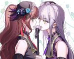  2girls bang_dream! bang_dream!_girls_band_party! black_hat black_shirt black_sleeves blush breasts brown_hair commentary_request detached_sleeves earrings eye_contact face-to-face flower frilled_hat frilled_shirt frills from_side green_eyes hair_ribbon hat hat_feather hat_flower highres imai_lisa jewelry long_hair long_sidelocks looking_at_another microphone microphone_stand minato_yukina mini_hat multiple_girls neck_ribbon open_mouth ponytail profile purple_hair purple_ribbon purple_shirt red_ribbon ribbon shirt sidelocks sleeveless sleeveless_shirt small_breasts straight_hair upper_body wavy_hair white_background yellow_eyes zihacheol 