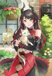  1girl absurdres animal bare_shoulders black_hair black_horns cat closed_mouth commentary_request commission cowboy_shot detached_sleeves dragon_girl dragon_horns dragon_tail eyelashes flower green_eyes hanging_plant highres himukai_aoi holding holding_animal holding_cat horns leaf long_hair mole mole_under_each_eye mole_under_eye multicolored_hair multiple_moles original pink_flower red_hair red_streaks skeb_commission smile solo streaked_hair tail two-tone_hair white_flower window yellow_flower 