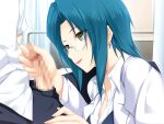  1boy 1girl blue_hair censored collared_shirt earrings erection from_side game_asset glasses handjob iizuki_tasuku infirmary jewelry kurokawa_sera lips lipstick looking_at_penis lovely_x_cation makeup mosaic_censoring non-web_source pants penis shirt short_hair visual_novel_cg white_shirt yellow_eyes 