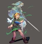 1boy 1girl aged_up blonde_hair commentary_request green_hat green_tunic hat highres holding holding_shield holding_sword holding_weapon hylian_shield instrument link male_focus master_sword navi ocarina pointy_ears shield smile solo sword the_legend_of_zelda the_legend_of_zelda:_ocarina_of_time the_legend_of_zelda:_ocarina_of_time_(remake) triforce tunic weapon yossra young_link 