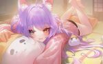  1girl :3 artist_request bare_legs barefoot black_shorts blue_eyes closed_mouth commentary_request dolphin_shorts fang fang_out full_body hair_spread_out highres inari_(tenko_shibuki) indoors korean_commentary long_hair long_sleeves looking_at_viewer lying on_stomach pillow pink_sweater purple_hair second-party_source short_shorts shorts smile solo stellive stuffed_toy sweater tatami tenko_shibuki the_pose virtual_youtuber yellow_eyes 