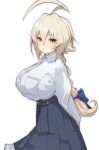  1girl absurdres ahoge arms_behind_back belt blazblue blonde_hair braid breast_pocket breasts collared_shirt commentary_request es_(xblaze) hair_ribbon highres large_breasts long_skirt long_sleeves looking_at_viewer nueshinmei pocket ribbon shirt simple_background skirt solo very_long_braid white_background white_shirt xblaze yellow_eyes 