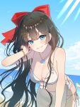  1girl absurdres arm_at_side beach bent_over bikini black_hair blue_eyes blue_sky blush bow bow_bikini bracelet breasts cleavage commentary cowboy_shot day double-parted_bangs grin hair_bow hair_ornament hand_in_own_hair hands_up heart heart_hair_ornament highres horizon jewelry large_bow large_breasts light_rays long_hair looking_at_viewer necklace ocean outdoors red_bow sanis2_s sarong shirayuki_hina side-tie_bikini_bottom simple_bird sky smile solo standing stellive string_bikini sunbeam sunlight swimsuit very_long_hair virtual_youtuber wavy_hair white_bikini white_bow white_sarong 