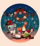  :d animal_focus bear bird black_eyes blue_background blue_fur border bow bowtie cake candle capelet chikafuji christmas_wreath commentary_request cubchoo delibird feathers food fruit full_body fur-trimmed_capelet fur_trim green_bow green_bowtie green_feathers hat hat_ornament highres holly_hat_ornament looking_at_another merry_christmas natu no_humans open_mouth pokemon pokemon_(creature) pokemon_focus red_bow red_capelet red_feathers red_hat santa_hat simple_background smile snot snowman standing stantler strawberry white_border white_fur wreath 
