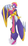  1girl :3 absurdres arm_behind_back boots breasts cape darkstalkers dress dynamic_pose full_body gloves hair_between_eyes harp hat highres holding hsien-ko huge_breasts instrument large_breasts long_eyelashes long_sleeves looking_at_viewer mokkoyu open_mouth pink_dress pink_eyes pink_gloves pink_shoes purple_cape purple_eyes purple_hair ribbon sash shoes short_hair smile solo standing straight_hair thick_thighs thighs wide_hips yellow_ribbon yellow_sash 