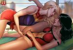  2dswirl 2girls artist_name black_hair blonde_hair blue_eyes breasts captain_marvel_(carol_danvers) captain_marvel_(marvel) carol_danvers commentary earrings english_commentary eye_contact fingering jessica_drew jewelry large_breasts leotard long_hair looking_at_another marvel multiple_girls smile spider-woman sweat thighs yuri 