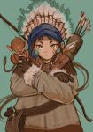  1girl animal_on_shoulder arrow_(projectile) bag bow_(weapon) braid brown_bag brown_gloves brown_hair closed_mouth coat commentary_request earrings facepaint fantasy feathers fringe_trim fur-trimmed_coat fur_trim gloves goat green_background headdress highres jewelry long_hair looking_at_viewer monkey native_american_clothes native_american_headdress necklace original quiver short_eyebrows simple_background single_braid solo tribal waist_bag weapon yellow_eyes yumenomi_(eskx2437) 