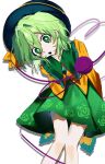  1girl amou_(pixiv_126280799) black_hat bow buttons commentary_request diamond_button disembodied_linked_eye eyeball floral_print frilled_shirt_collar frilled_sleeves frills green_eyes green_hair green_skirt hat hat_bow hat_ribbon heart heart_of_string highres komeiji_koishi ribbon rose_print shirt simple_background skirt sleeves_past_wrists touhou white_background wide_sleeves yellow_bow yellow_ribbon yellow_shirt 