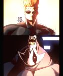  2boys absurdres ace_(imajination16) ben_10 ben_10_(classic) black_shirt blonde_hair cartoon_network commentary crossover highres johnny_bravo johnny_bravo_(series) jujutsu_kaisen male_focus multiple_boys muscular muscular_male purple_eyes reference_request shirt sunglasses teeth zs'skayr 