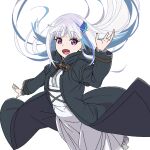  1girl anime_coloring arm_up blue_coat blue_hair coat colored_inner_hair commentary_request cowboy_shot dress floating_hair hair_ornament jaggy_lines light_blush lize_helesta long_hair long_sleeves looking_at_viewer multicolored_hair nijisanji official_alternate_costume open_mouth page_of_lambda purple_eyes shinzou_(rikismash) short_dress simple_background smile solo streaked_hair two-tone_hair virtual_youtuber white_background white_dress white_hair 