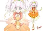  absurdres alternate_costume bell bubble_skirt choker full_body gloves go!_princess_precure green_eyes highres magical_girl multicolored multicolored_clothes multicolored_skirt orange_skirt pantyhose pink_hair precure princess_pumplulu rona67 shoes short_hair skirt smile solo standing white_background white_legwear yellow_gloves zoom_layer 