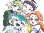  4girls :3 :d blonde_hair blue_eyes blue_skin cheek_squash colored_skin colored_tongue commentary_request cowboy_shot curtained_hair dress dutch_angle fairy finger_to_own_chin fins fish_girl flipped_hair four-finger_heart_hands green_eyes green_hair green_hairband green_tunic grey_tongue hairband head_fins head_on_another's_shoulder headdress heart heart_cheeks heart_hands highres horse_print kokiri light_blush long_hair long_pointy_ears long_sleeves looking_at_viewer malon middle_part monster_girl multiple_girls open_mouth orange_hair parted_hair pointy_ears princess princess_ruto princess_zelda purple_dress purple_eyes saria_(zelda) sharp_teeth shawl short_hair short_sleeves signature simple_background smile swept_bangs teeth the_legend_of_zelda the_legend_of_zelda:_ocarina_of_time the_legend_of_zelda:_ocarina_of_time_(remake) triforce tunic two-tone_dress upper_body watamiwato1230 white_background white_dress white_skin yellow_shawl young_malon young_princess_ruto young_zelda zora 