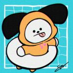  1other animal_ears bad_id bad_tumblr_id blue_background bt21 chimmy_(bt21) chromatic_aberration closed_mouth dog_ears film_grain full_body grid_background hood hood_up hoodie ikapnmn2 innertube long_sleeves looking_at_viewer other_focus simple_background solo swim_ring tongue tongue_out yellow_hoodie 