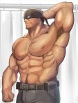  1boy abs arm_behind_head arm_hair armpit_hair armpits bara belt black_belt black_mask black_pants boku_no_hero_academia clenched_hand commentary_request curtains facial_hair highres iwatanuki510 knuckleduster_(boku_no_hero_academia) male_focus mask mature_male muscular muscular_male navel_hair no_pupils pants pectorals scar scar_on_face short_hair solo sparse_chest_hair stubble utility_belt vigilante_-boku_no_hero_academia:_illegals- 