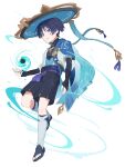  1boy armor arms_at_sides belt black_belt black_bodysuit black_bow black_bridal_gauntlets black_hair black_hole black_sandals black_shorts blue_cape blue_gem blue_hat blue_jingasa blue_kimono blue_sleeves blunt_ends bodysuit bow bridal_gauntlets bright_pupils cape choppy_bangs commentary_request feathers full_body furisode gem genshin_impact gold gold_ring hakama hakama_shorts hat heki_pepper highres japanese_armor japanese_clothes jingasa juban kimono kote kurokote layered_sleeves leg_warmers looking_at_viewer male_focus mandarin_collar middle_ring open_clothes open_kimono parted_lips pleated_shorts pom_pom_(clothes) purple_eyes purple_rope purple_sash rope sandals sash scaramouche_(genshin_impact) short_sleeves shorts shoulder_peek side_cape smile solo stirrup_legwear tassel toeless_legwear toenails toes tsurime vision_(genshin_impact) wanderer_(genshin_impact) watermark white_background white_kimono white_leg_warmers white_mouth white_pupils white_sleeves white_trim wind wolf_cut yellow_feathers zouri 