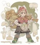  1girl absurdres animal_ears apron artist_name backpack_basket barmaglotik basket blonde_hair blush_stickers bread brown_dress brown_eyes brown_hair capelet child club_(weapon) commentary dress english_commentary fake_animal_ears fake_tail food full_body green_shoes hand_on_own_hip hat highres holding holding_weapon loaf_of_bread long_sleeves object_in_pocket open_mouth original pants pocket saw shoes short_hair simple_background smile solo standing tail weapon white_background 