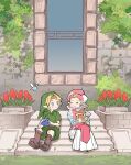  1boy 1girl absurdres blonde_hair blue_eyes blue_sleeves boots brown_boots child dress fairy flower green_hat hat headdress highres holding holding_instrument holding_ocarina instrument link long_dress looking_at_another navi ocarina pointy_ears princess_zelda red_flower red_tulip shocho_(shaojiujiu) sitting sitting_on_stairs stairs the_legend_of_zelda the_legend_of_zelda:_ocarina_of_time tulip window young_link young_zelda 
