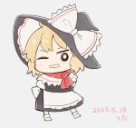  1girl apron artist_name back_bow black_skirt black_vest blonde_hair blush bow capelet chibi chibi_only commentary_request cyu_ta dated full_body grin hat hat_bow highres kirisame_marisa medium_hair one_eye_closed perfect_cherry_blossom pink_background red_scarf scarf shirt shoes simple_background skirt smile solo touhou vest white_apron white_bow white_capelet white_shirt white_shoes 