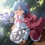  1girl absurdres blue_eyes blue_hair breasts cape commentary_request frills from_above fuku_kitsune_(fuku_fox) hair_ornament hair_over_one_eye hair_ribbon highres hood long_sleeves looking_at_viewer maid maid_headdress open_mouth outdoors pantyhose pink_cape pink_ribbon re:zero_kara_hajimeru_isekai_seikatsu red_cape rem_(re:zero) ribbon shirt short_hair sitting skirt solo white_shirt x_hair_ornament 