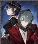  1boy 1girl belle_(zenless_zone_zero) black_gloves black_hat black_shirt blue_hair breasts brother_and_sister chain choker commentary cropped_shirt cross gloves green_eyes grey_hair hair_between_eyes hat looking_at_viewer medium_breasts no_shirt nongxy_nonshi red_choker red_suit shirt short_hair siblings suit wise_(zenless_zone_zero) zenless_zone_zero 