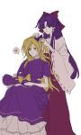  2girls adjusting_another's_hair blonde_hair bow capelet dress frilled_hat frills hair_bow hakama hakurei_reimu hakurei_reimu_(pc-98) hat hat_bow heart highres japanese_clothes kirisame_marisa kirisame_marisa_(pc-98) long_hair miko multiple_girls parted_bangs purple_capelet purple_dress purple_eyes purple_hair purple_hat red_bow red_hakama spoken_heart touhou touhou_(pc-98) very_long_hair white_background wide_sleeves witch_hat yellow_eyes 