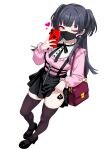  1girl absurdres amaderoka bag black_hair black_nails black_shoes black_skirt black_thighhighs blacked_female blunt_ends breasts brown_eyes cellphone clothes_lift ear_piercing earrings eyeshadow frilled_sleeves frills full_body heart heel_up high_heels highres holding idolmaster idolmaster_shiny_colors jewelry jirai_kei leg_tattoo long_hair long_sleeves looking_at_viewer makeup mask mayuzumi_fuyuko miniskirt mouth_mask nail_polish neck_ribbon one_eye_closed phone piercing pink_shirt puffy_long_sleeves puffy_sleeves queen_of_spades_symbol race_fetishism race_fetishism_symbol ribbon shirt shoes shoulder_bag sidelocks simple_background skirt skirt_lift small_breasts smartphone solo spade_(shape) spade_tattoo stud_earrings suspender_skirt suspenders tattoo thighhighs thighs two_side_up white_background 