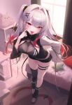  1girl akanbe artist_request belt black_choker black_shirt black_shorts black_thighhighs breasts chest_harness choker cleavage commentary_request demon_girl demon_tail demon_wings eyelid_pull fangs finger_to_cheek framed_breasts full_body hair_intakes hair_ornament harness heart heart_o-ring highres homuraki_shana indoors leaning_forward long_sleeves loose_socks medium_breasts micro_shorts midriff multicolored_hair multiple_belts o-ring open_mouth red_eyes red_hair second-party_source see-through_cleavage see-through_clothes shirt shoes shorts single_thighhigh skindentation smile socks solo tail thigh_belt thigh_strap thighhighs thighs tongue tongue_out twintails two-tone_hair v-shaped_eyebrows virtual_youtuber vkano white_hair white_shoes white_sleeves wings x_hair_ornament 