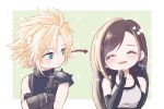  1boy 1girl armor arrow_(symbol) bare_shoulders black_gloves black_hair blonde_hair blue_eyes blue_sweater blush border breasts brown_hair c_cube29 closed_eyes closed_mouth cloud_strife collarbone commentary_request crop_top crossed_arms earrings facing_viewer final_fantasy final_fantasy_vii final_fantasy_vii_remake fingerless_gloves gloves green_background hetero jewelry long_hair looking_at_another looking_to_the_side medium_breasts open_mouth outside_border ribbed_sweater short_hair shoulder_armor single_bare_shoulder sleeveless sleeveless_turtleneck smile sparkle spiked_hair star_(symbol) straight-on suspenders sweater swept_bangs tank_top teardrop_earrings tifa_lockhart turtleneck turtleneck_sweater upper_body white_border white_tank_top 