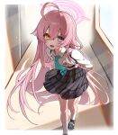  1girl absurdres ahoge blue_archive blue_eyes blue_necktie commentary hair_between_eyes halo heterochromia highres hoshino_(blue_archive) long_hair necktie pink_hair pink_halo samon_(vxxr8575) school_uniform shirt socks solo thighs white_shirt white_socks yellow_eyes 