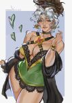  1girl black_choker border bracelet breasts brown_hair choker cleavage earrings flower_earrings freckles gold_bracelet green_eyes green_pajamas heart high_ponytail highres jewelry large_breasts marvel marvel_rivals multicolored_hair multicolored_pajamas one_eye_closed pajamas ponytail rogue_(x-men) simple_background solo whails white_border white_hair wide_hips x-men 