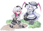  2girls black_gloves black_jacket blue_eyes blush_stickers boots breath cheering commentary digging dress flower-trimmed_sleeves frilled_dress frills gloom_(expression) gloves glowstick gradient_hair grass grey_boots holding holding_glowstick holding_shovel hole jacket jitome long_hair mahou_shoujo_no_majo_saiban medium_hair multicolored_hair multiple_girls no_mouth open_mouth pink_eyes pink_hair sakuraba_ema shinmon_akika shovel simple_background smile spoilers standing tsukishiro_yuki very_long_hair white_background white_dress white_hair wotagei 