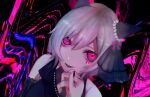  1girl abstract_background animal_ears bags_under_eyes black_background black_dress black_lips black_nails bow commentary_request curren_chan_(ma_cherie_of_the_new_moon)_(umamusume) curren_chan_(umamusume) dress ear_covers fingernails grey_hair hair_bow horse_ears horse_girl looking_at_viewer open_mouth pearl_hair_ornament pink_background pink_eyes purple_bow short_hair single_strap smile solo u4r1a3 umamusume upper_body 
