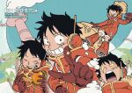  1boy artist_name black_hair boots brown_gloves burger closed_eyes coat eating english_commentary food gloves grin hat headphones highres holding holding_burger holding_food holding_pizza hood hooded_coat index_finger_raised long_sleeves looking_at_viewer monkey_d._luffy multiple_views official_alternate_costume one_piece pizza pizza_slice radio_antenna red_boots red_coat robinlovesop scar scar_on_cheek scar_on_face short_hair smile sparkle sparkling_eyes straw_hat 